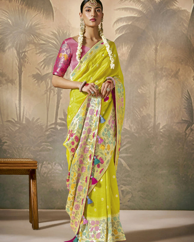 Lime Green Silk Woven Work Designer Wedding Saree