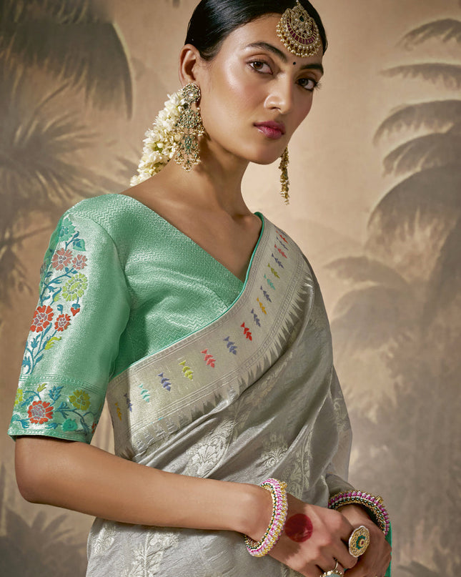Grey Silk Woven Work Designer Wedding Saree