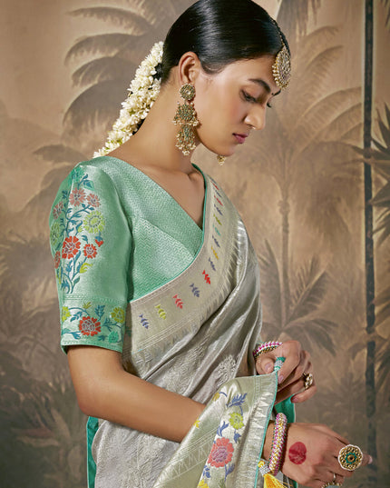 Grey Silk Woven Work Designer Wedding Saree