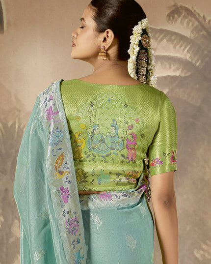 Mint Blue Silk Woven Work Designer Wedding Saree