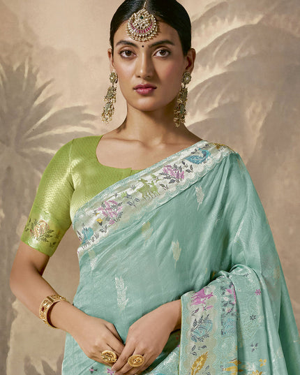 Mint Blue Silk Woven Work Designer Wedding Saree