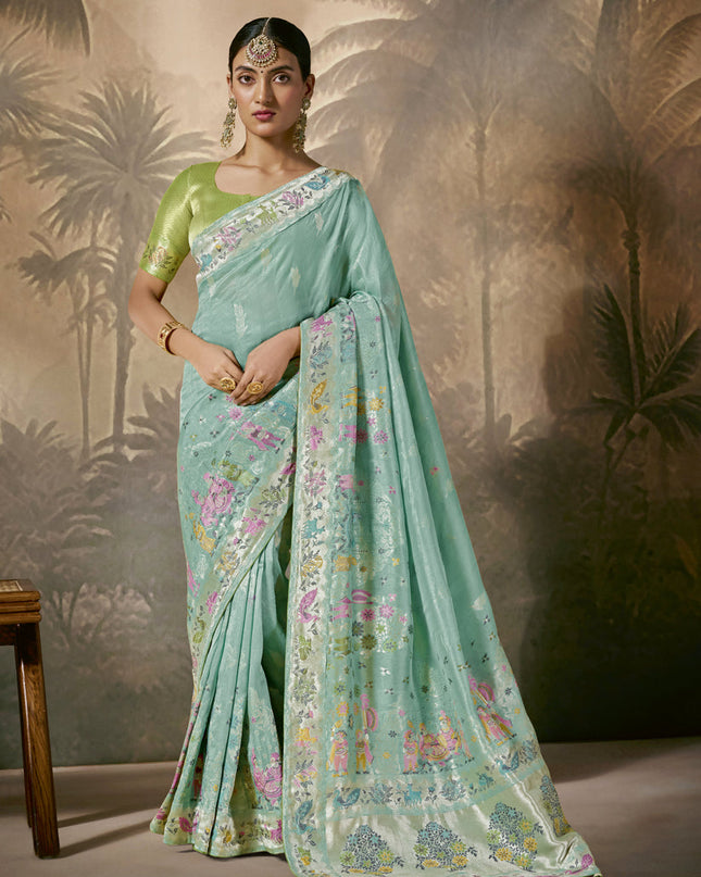 Mint Blue Silk Woven Work Designer Wedding Saree
