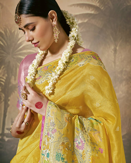 Yellow Silk Woven Work Designer Wedding Saree