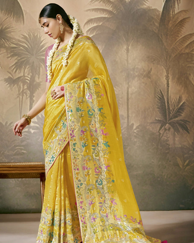 Yellow Silk Woven Work Designer Wedding Saree