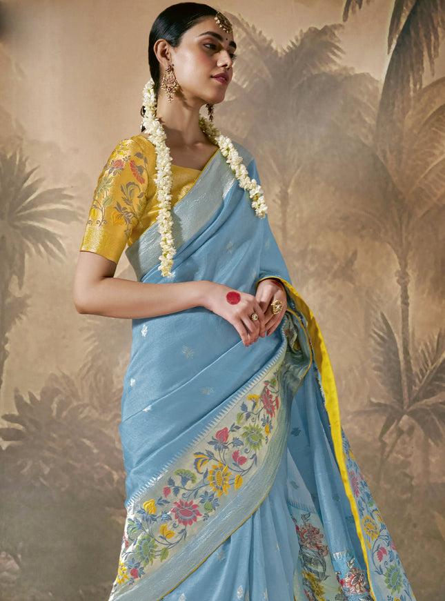 Sky Blue Silk Woven Work Designer Wedding Saree