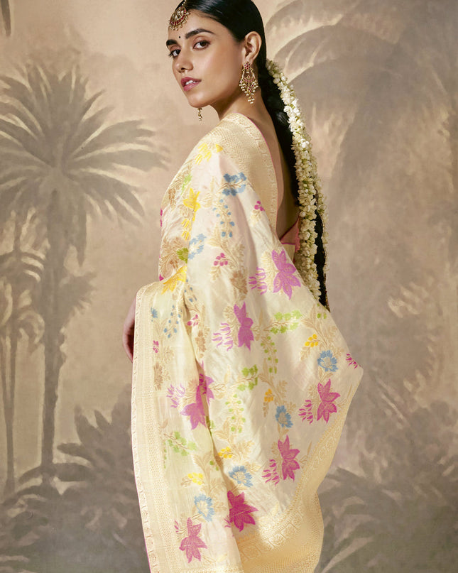 Cream Silk Woven Work Designer Wedding Saree