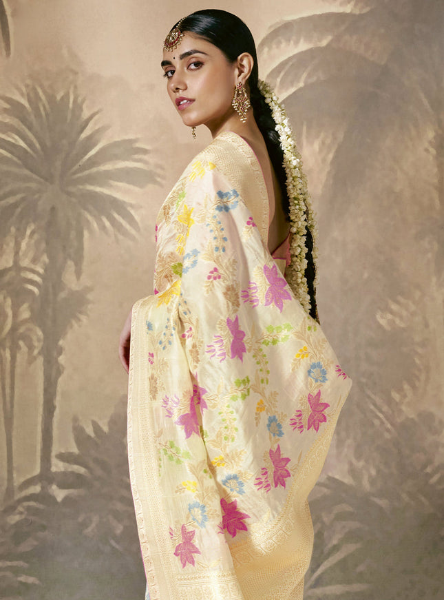 Cream Silk Woven Work Designer Wedding Saree