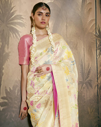 Cream Silk Woven Work Designer Wedding Saree