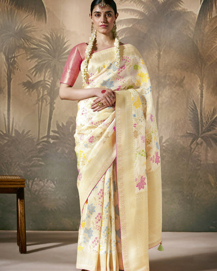 Cream Silk Woven Work Designer Wedding Saree
