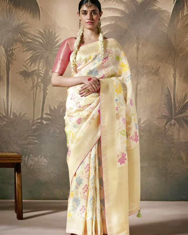 Cream Silk Woven Work Designer Wedding Saree