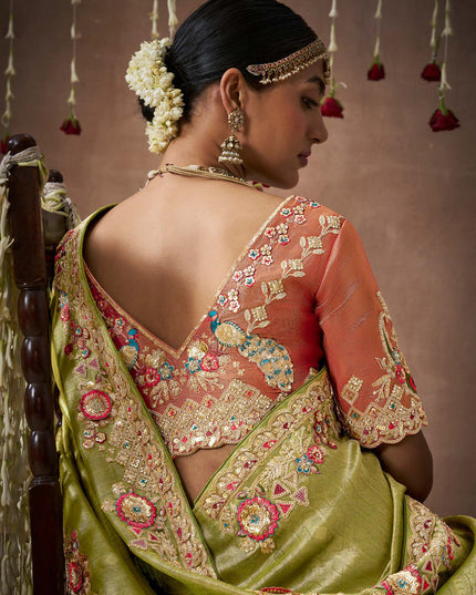 Olive Green Organza Silk Embroidered Designer Saree