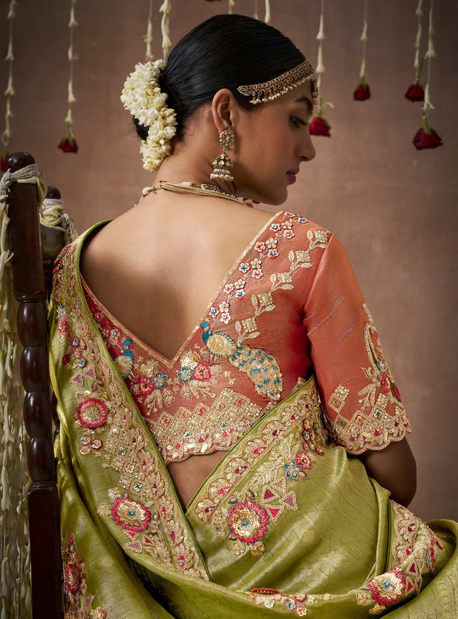 Olive Green Organza Silk Embroidered Designer Saree