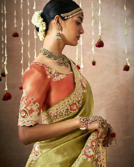 Olive Green Organza Silk Embroidered Designer Saree