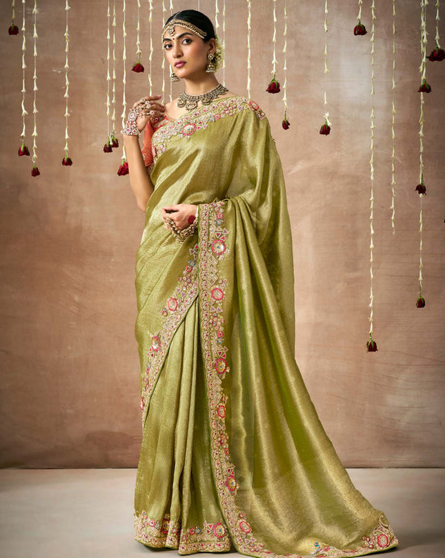 Olive Green Organza Silk Embroidered Designer Saree