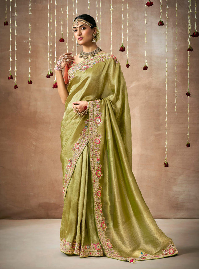 Olive Green Organza Silk Embroidered Designer Saree