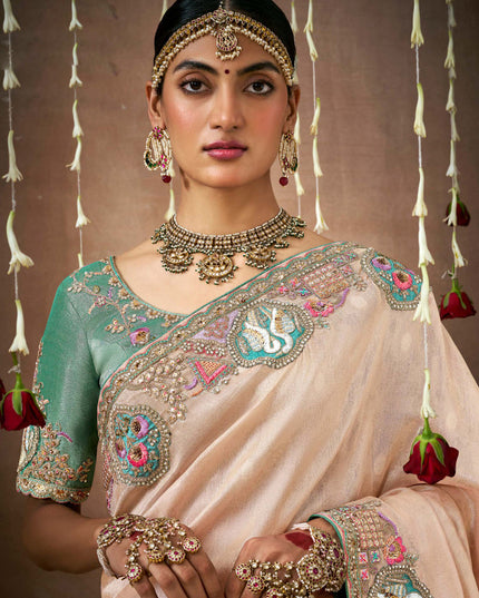 Peach Organza Silk Embroidered Designer Saree