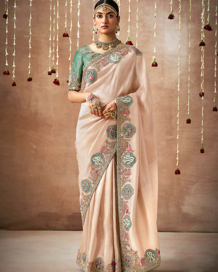 Peach Organza Silk Embroidered Designer Saree