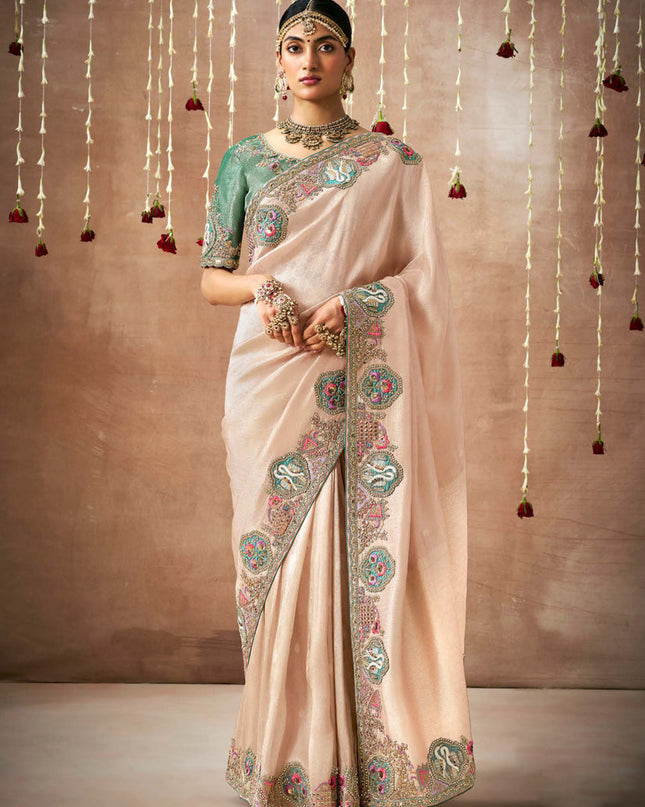 Peach Organza Silk Embroidered Designer Saree