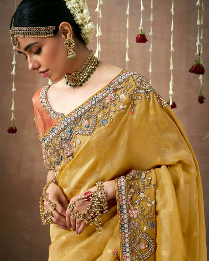 Corn Yellow Organza Silk Embroidered Designer Saree
