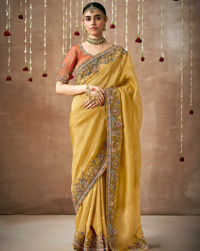 Corn Yellow Organza Silk Embroidered Designer Saree