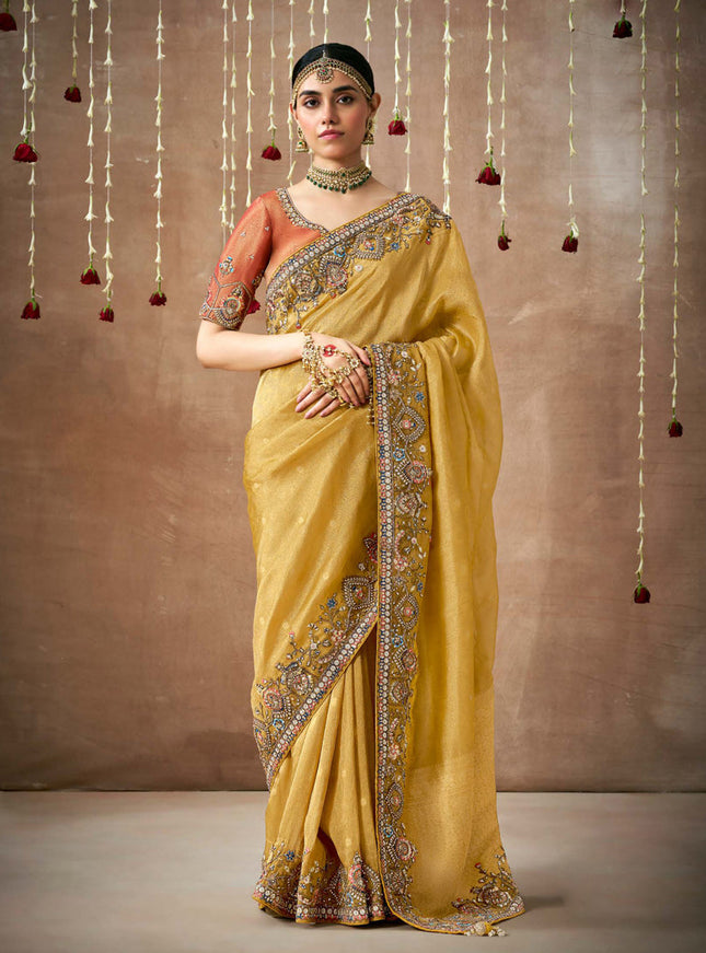 Corn Yellow Organza Silk Embroidered Designer Saree