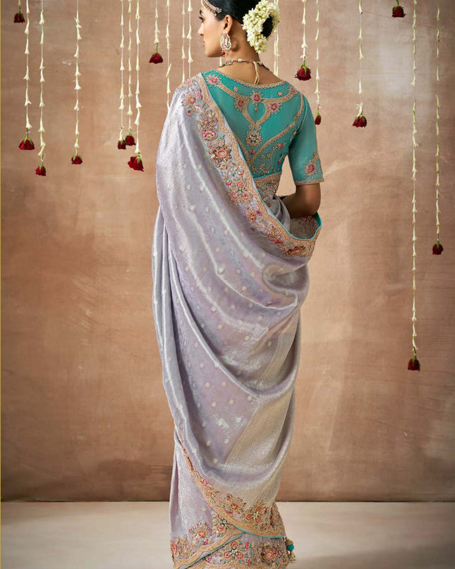 Dusty Purple Organza Silk Embroidered Designer Saree
