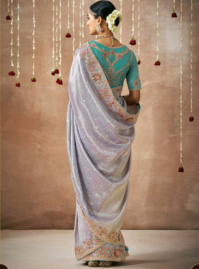 Dusty Purple Organza Silk Embroidered Designer Saree