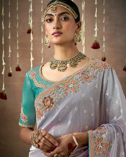 Dusty Purple Organza Silk Embroidered Designer Saree