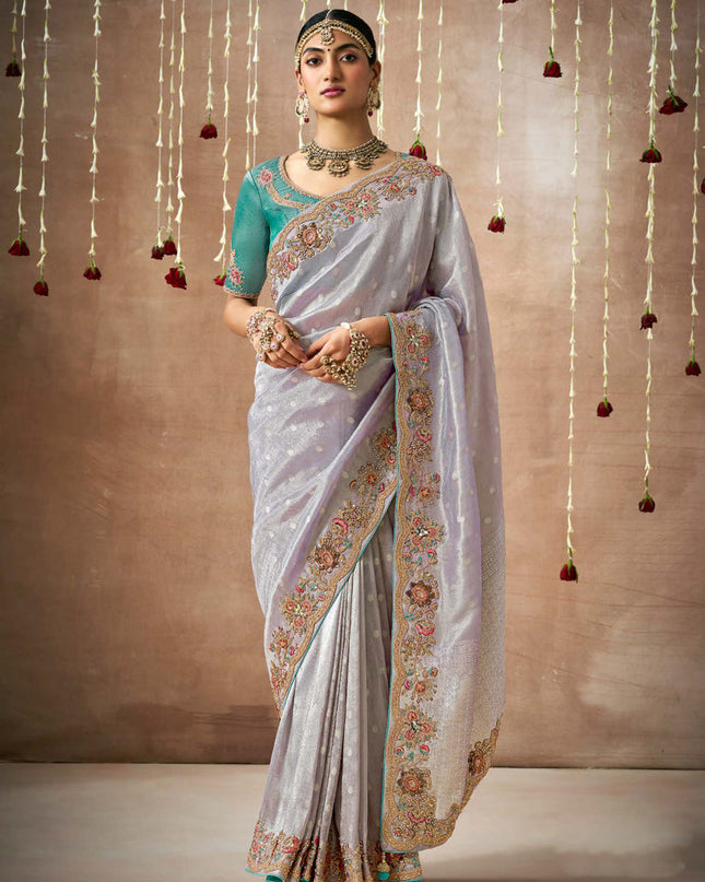 Dusty Purple Organza Silk Embroidered Designer Saree