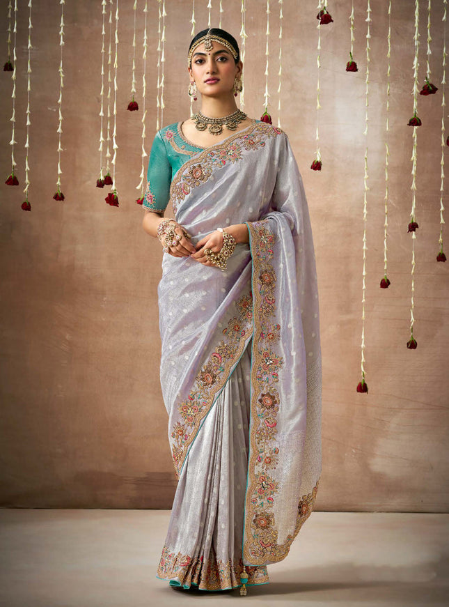 Dusty Purple Organza Silk Embroidered Designer Saree