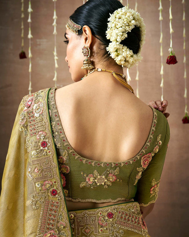 Olive Green Organza Silk Embroidered Designer Saree