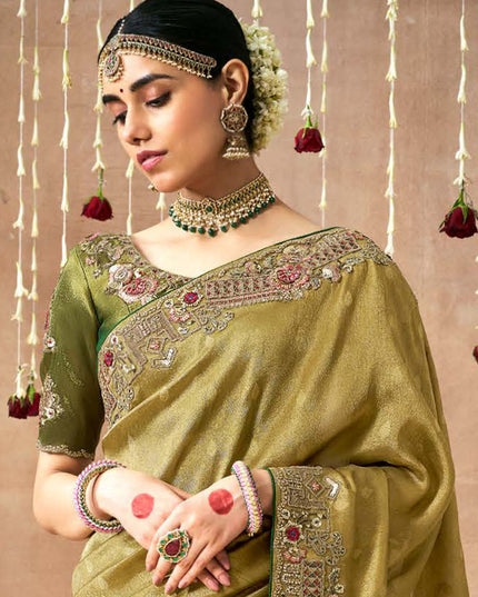 Olive Green Organza Silk Embroidered Designer Saree