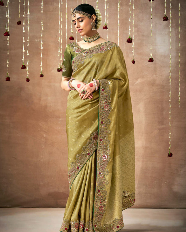 Olive Green Organza Silk Embroidered Designer Saree