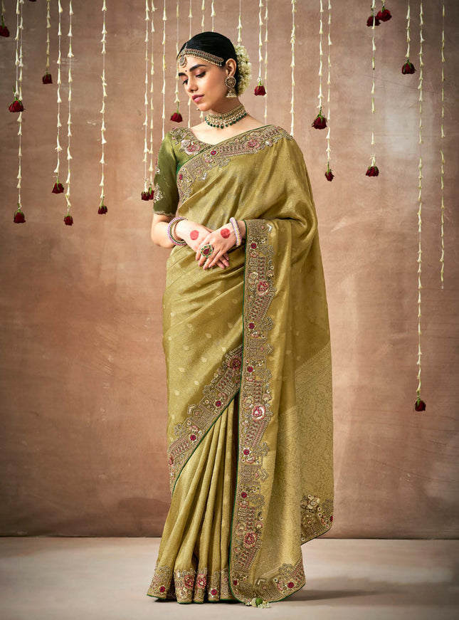 Olive Green Organza Silk Embroidered Designer Saree