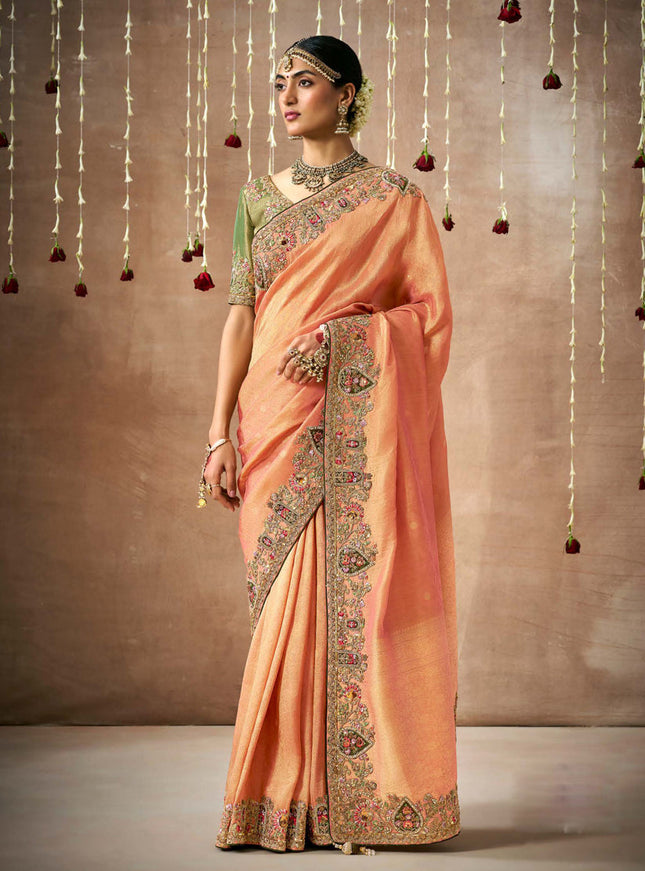 Orange Organza Silk Embroidered Designer Saree