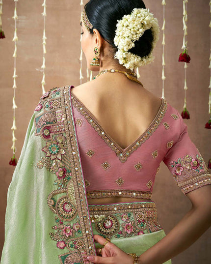 Pista Green Organza Silk Embroidered Designer Saree