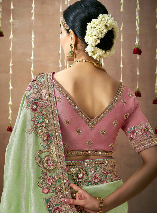 Pista Green Organza Silk Embroidered Designer Saree