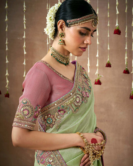 Pista Green Organza Silk Embroidered Designer Saree