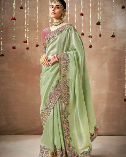 Pista Green Organza Silk Embroidered Designer Saree