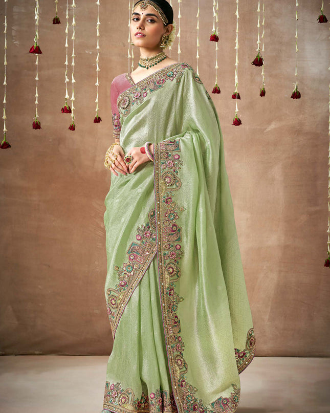Pista Green Organza Silk Embroidered Designer Saree