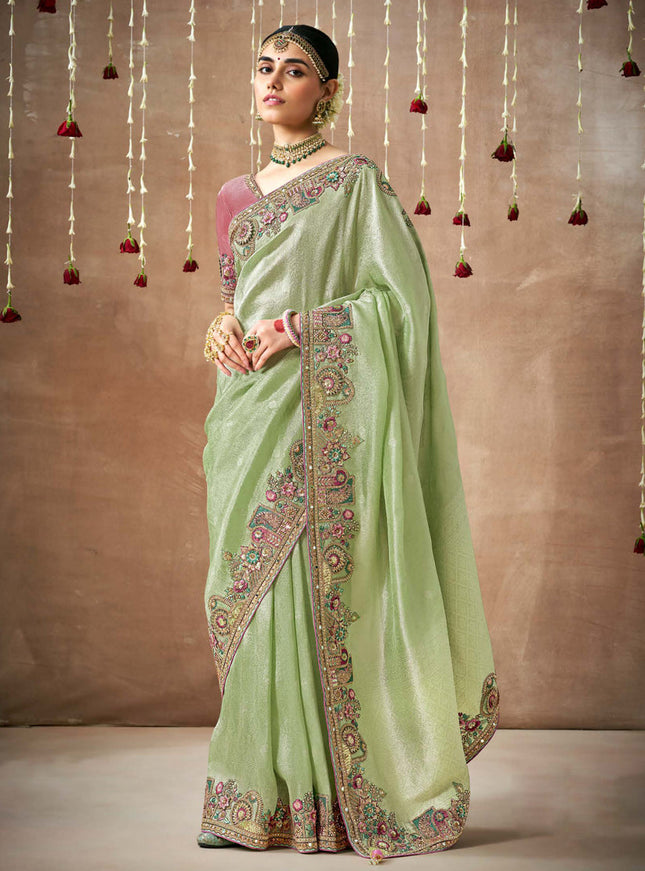 Pista Green Organza Silk Embroidered Designer Saree