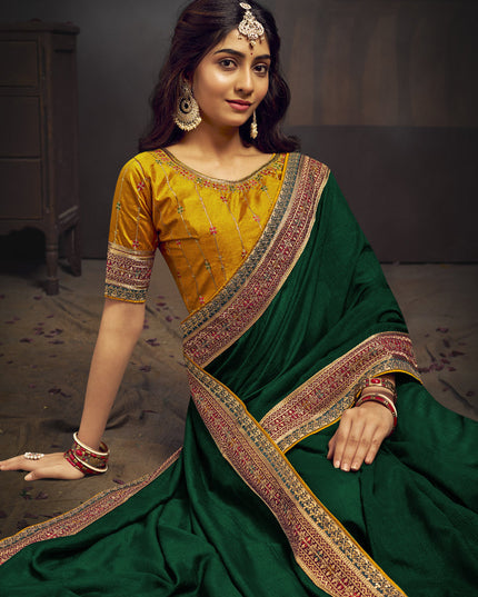Forest Green Silk Saree with Embroidered Blouse