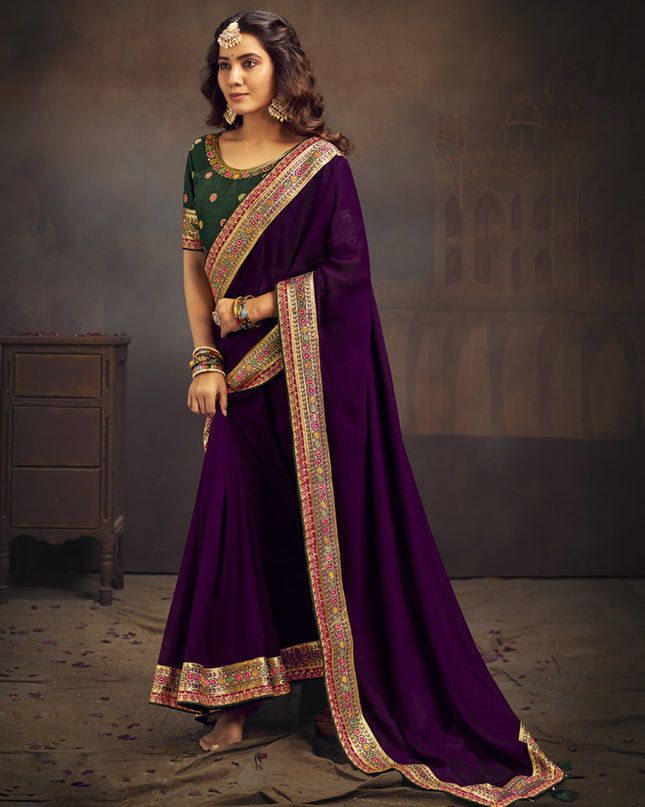 Eggplant Silk Saree with Embroidered Blouse