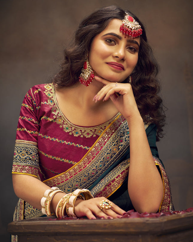 Peacock Blue Silk Saree with Embroidered Blouse