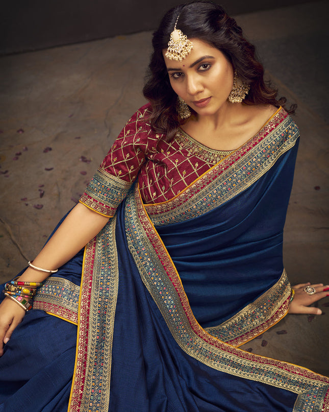 Indigo Blue Silk Saree with Embroidered Blouse