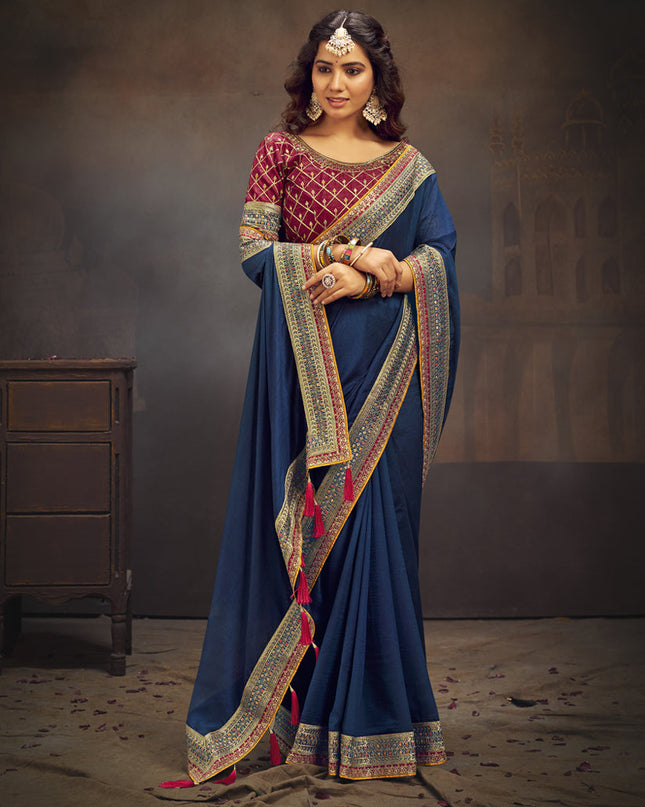 Indigo Blue Silk Saree with Embroidered Blouse