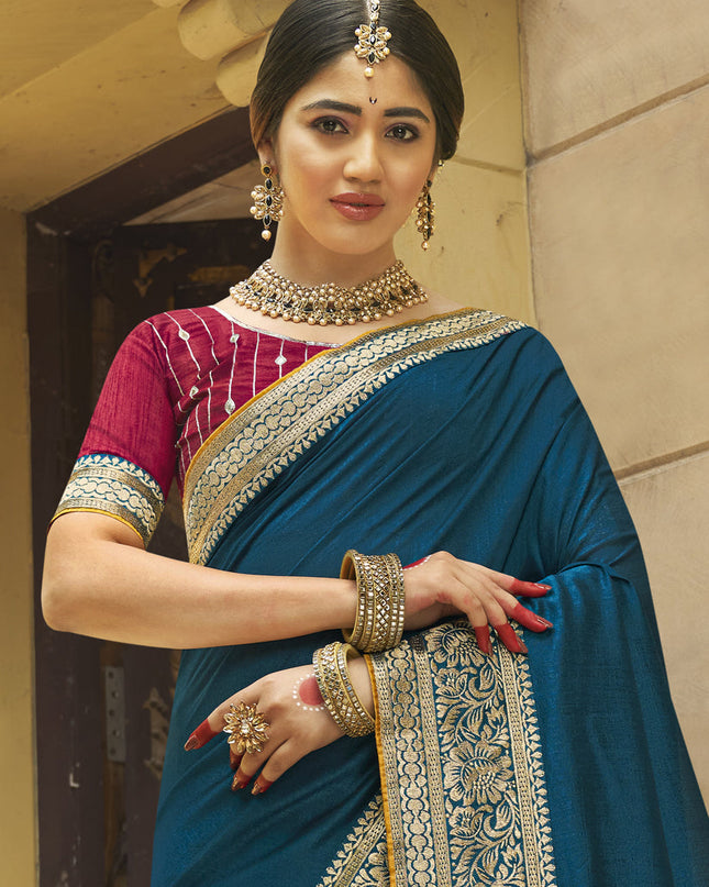 Teal Blue Silk Zari Embroidered Saree