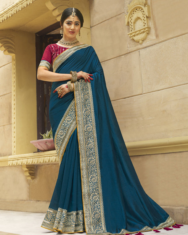 Teal Blue Silk Zari Embroidered Saree