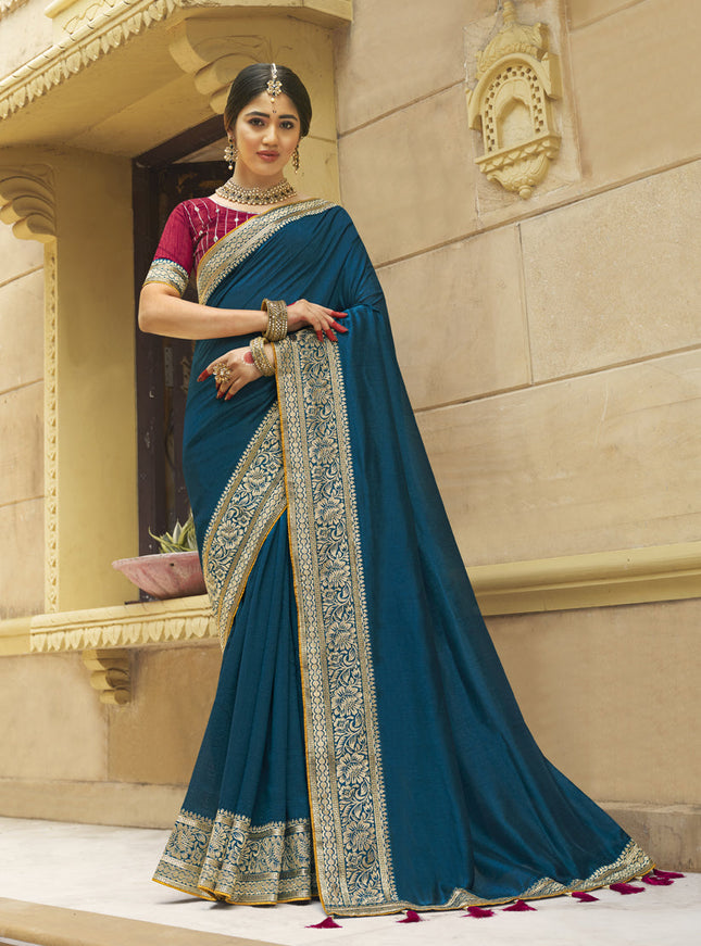 Teal Blue Silk Zari Embroidered Saree