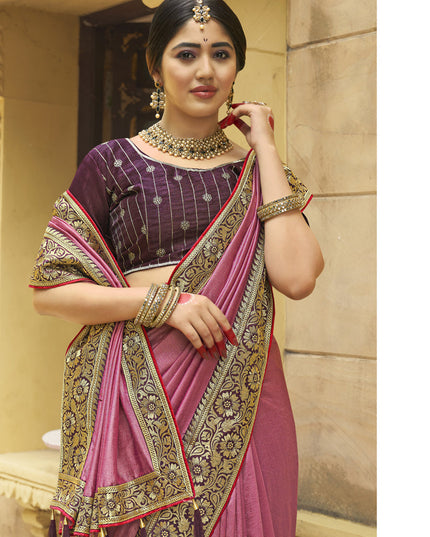 Rose Pink Silk Zari Embroidered Saree